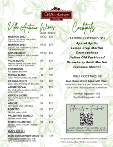 Villa Antonio Winery menu page: wine list on left and cocktails on right over an olive-pattern background.