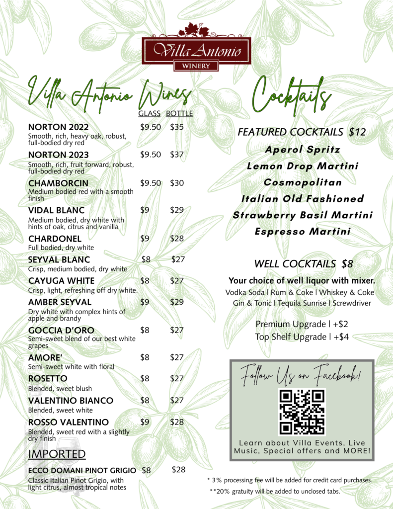 Villa Antonio Winery menu page: wine list on left and cocktails on right over an olive-pattern background.
