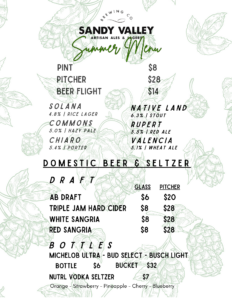 Sandy Valley Summer Menu: beer list with pint prices on the left and bottle prices on the right, with green hop illustrations in the background.
