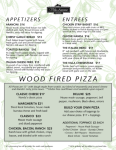 Menu page for Villa Antonio Winery listing appetizers and entrees with green olive-branch background.
